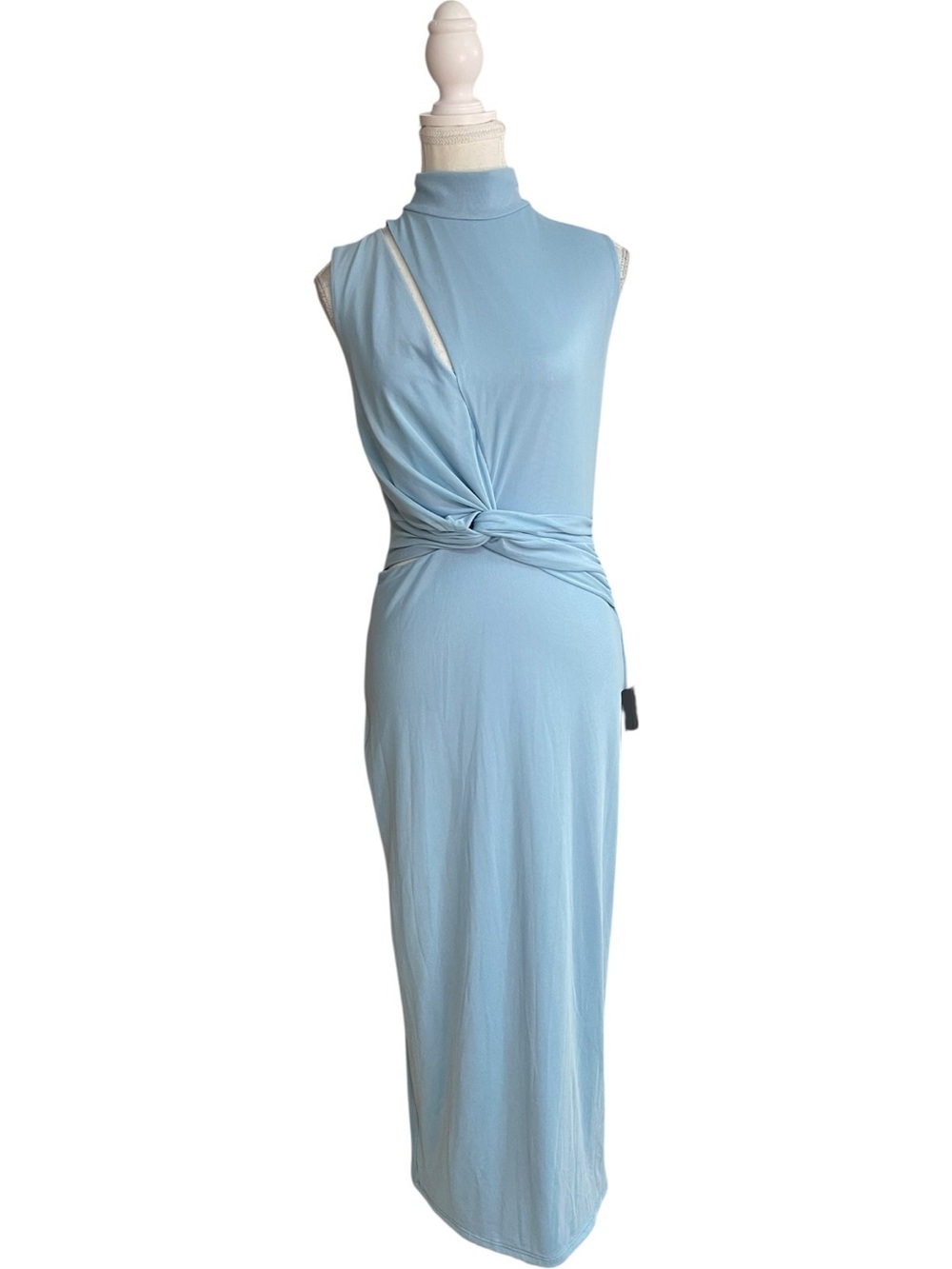 Lulus Kamara Cutout Knotted-Waist Midi Mesh Dress Light Blue